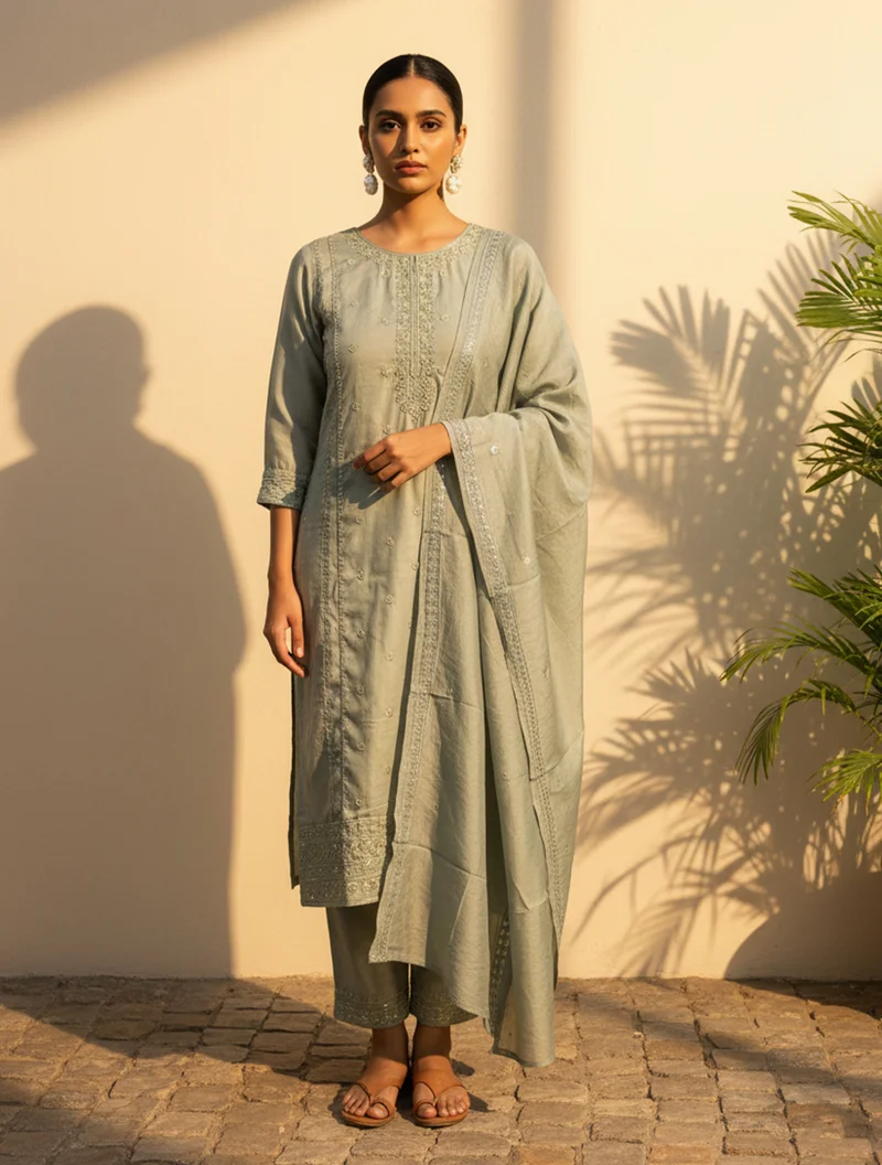 ترو برونز trueBrowns Sage Green Embroidered Straight Kurta Pant Dupatta Set